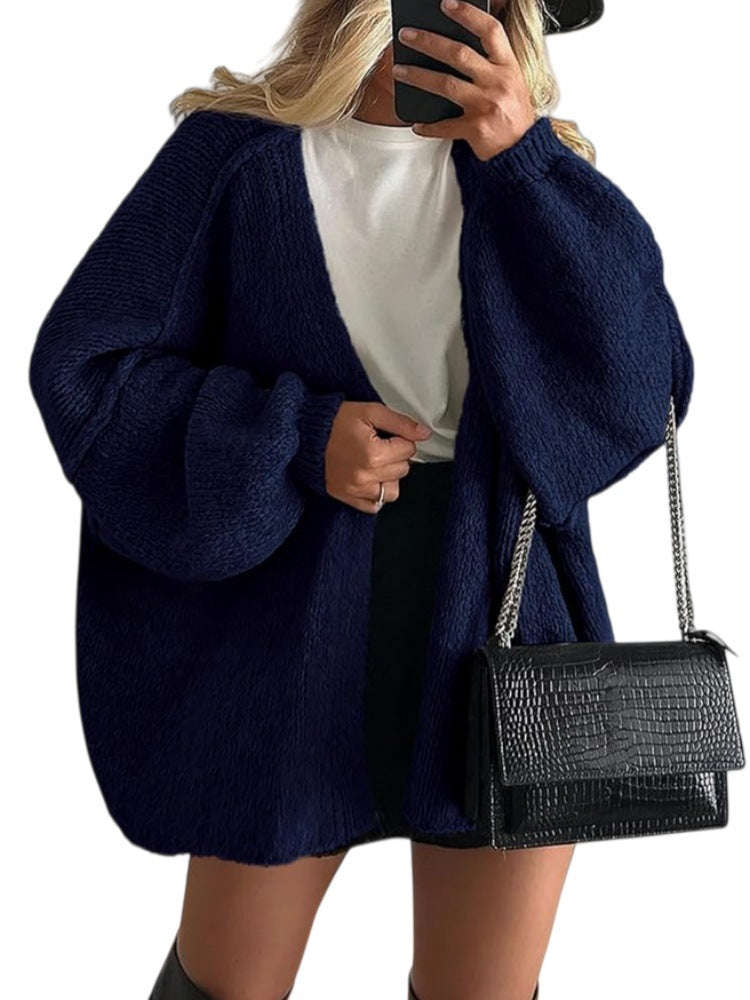 Women's Solid Color Chunky Knit Open Front Lantern Sleeve Mid-Length Cardigan