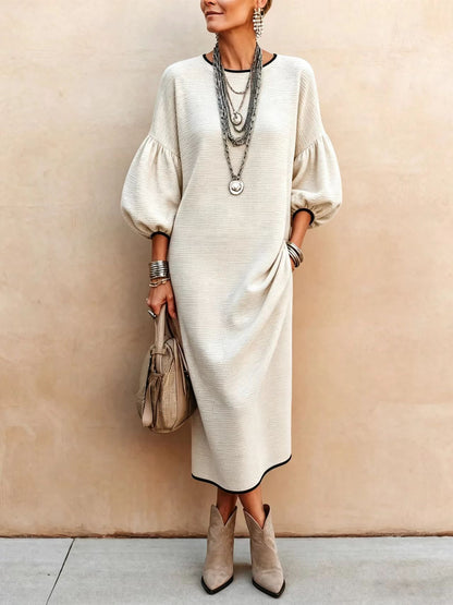 Elegant Solid-color Crew Neck With Puff Sleeves Maxi Dress