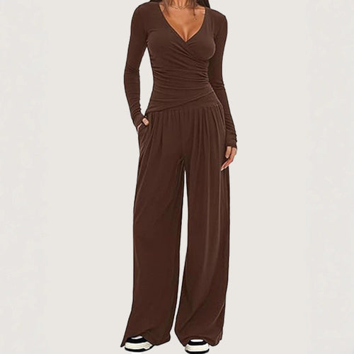 Women Solid Wrap V Neck Ruched Long Sleeve Top Elastic High Waist Pocket Wide Leg Casual Loungewear Co-ord Set