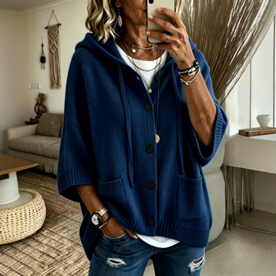 Drawstring Hooded 3/4 Sleeve Wooden Button Knit Cardigan