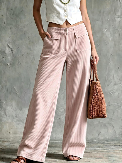 Women's Solid Ribbed Front Patch Pocket High Waist Wide Leg Long Pants