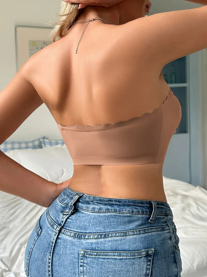Hugmecurve® Womens Strapless Bra Non-Slip Padded Bandeau Bras Front Closure Bras for Women Wavy Trim Seamless Tube Top Bralette