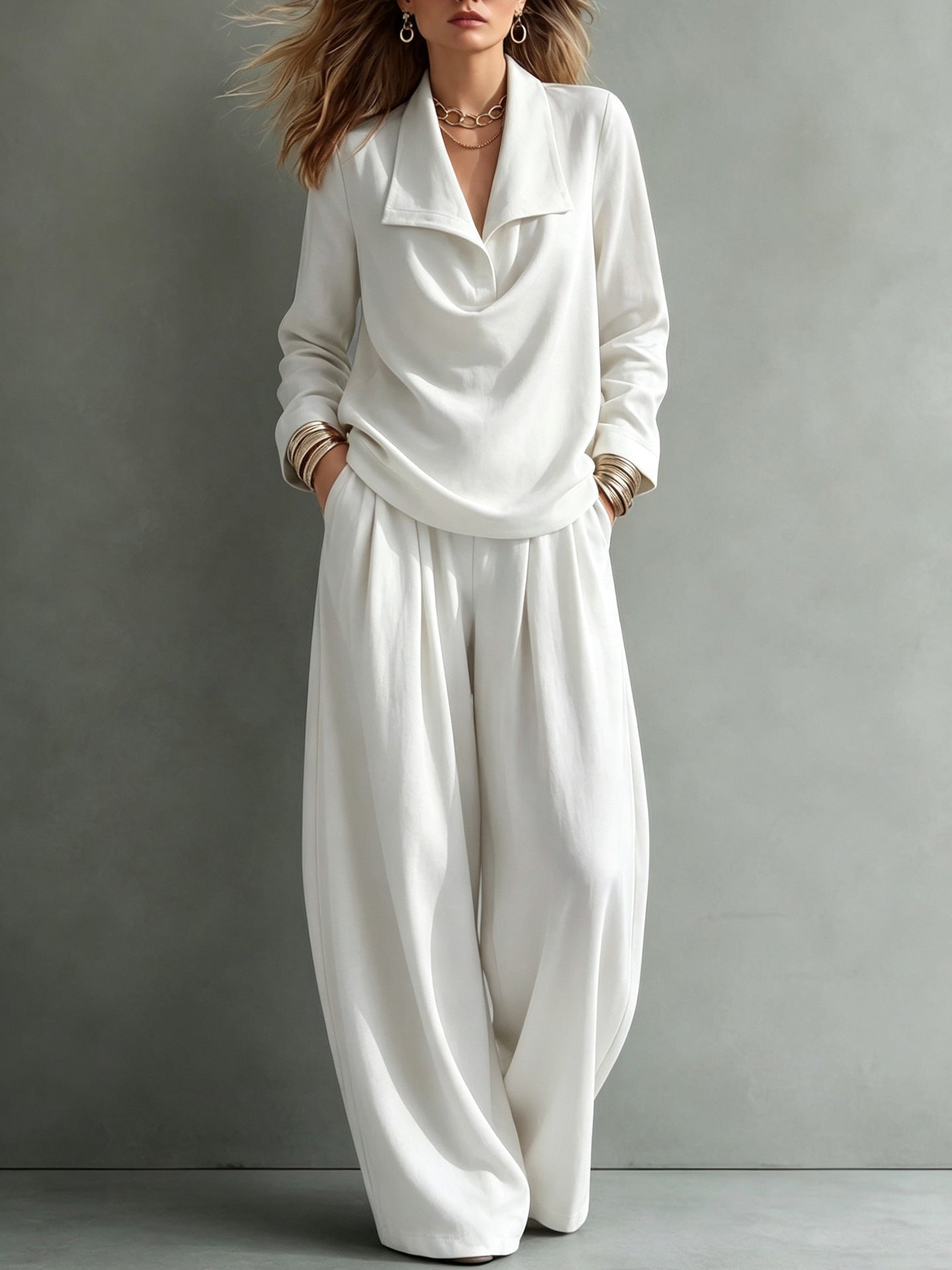 Draped Lapel Casual Matching Two Piece Set