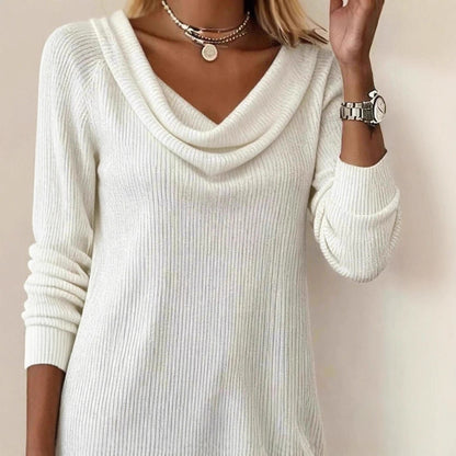 Vertical Rib Knit Cowl Neck Long Sleeve Mini Sweater Dress