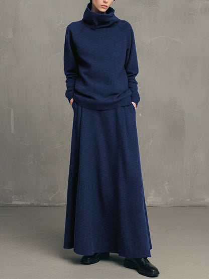 Elegant Neutral Knit Co-ord Set Funnel Neck Sweater Pleated Long Skirt