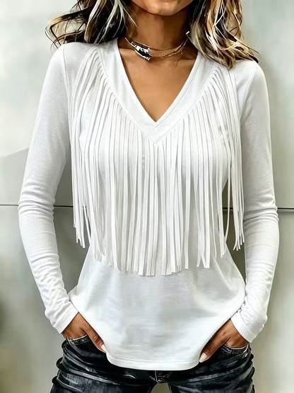 Vintage Elegant Cotton Blend Patchwork Fringed T-shirt