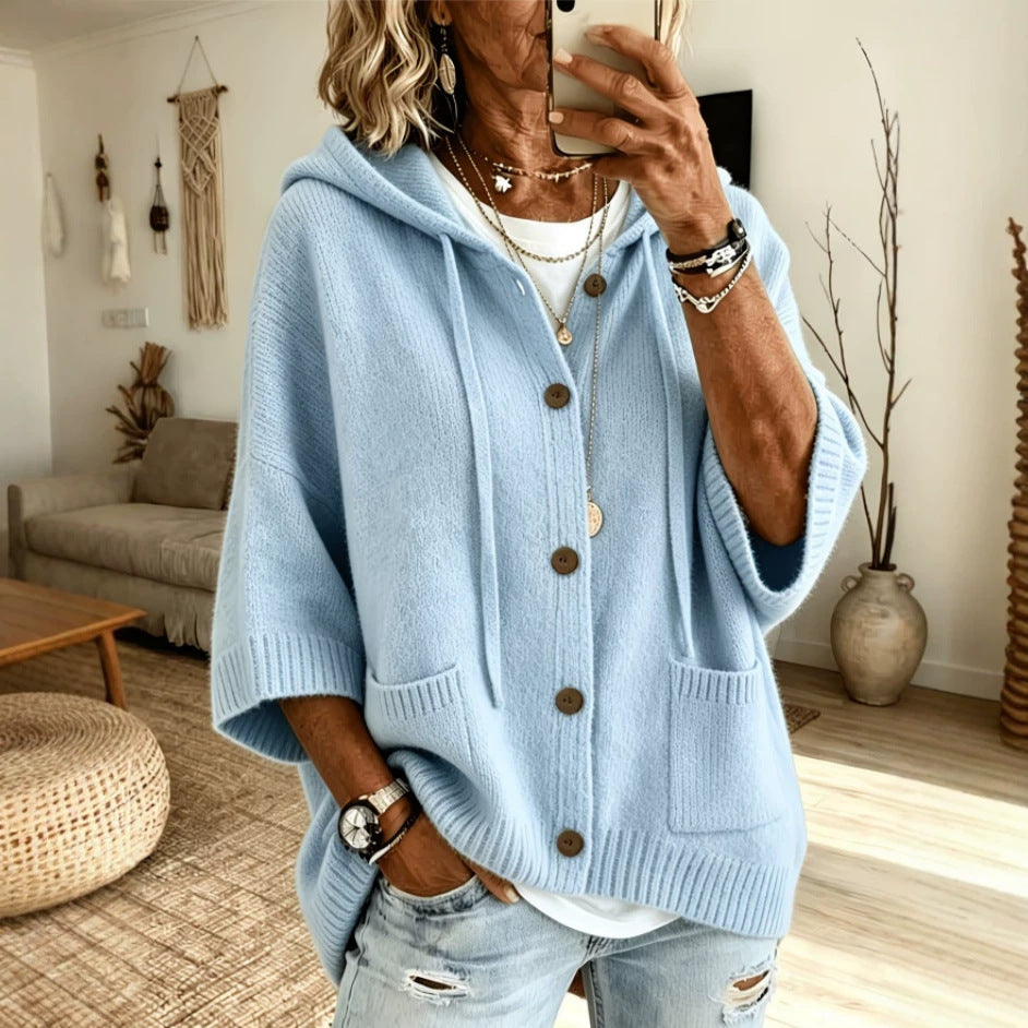 Drawstring Hooded 3/4 Sleeve Wooden Button Knit Cardigan