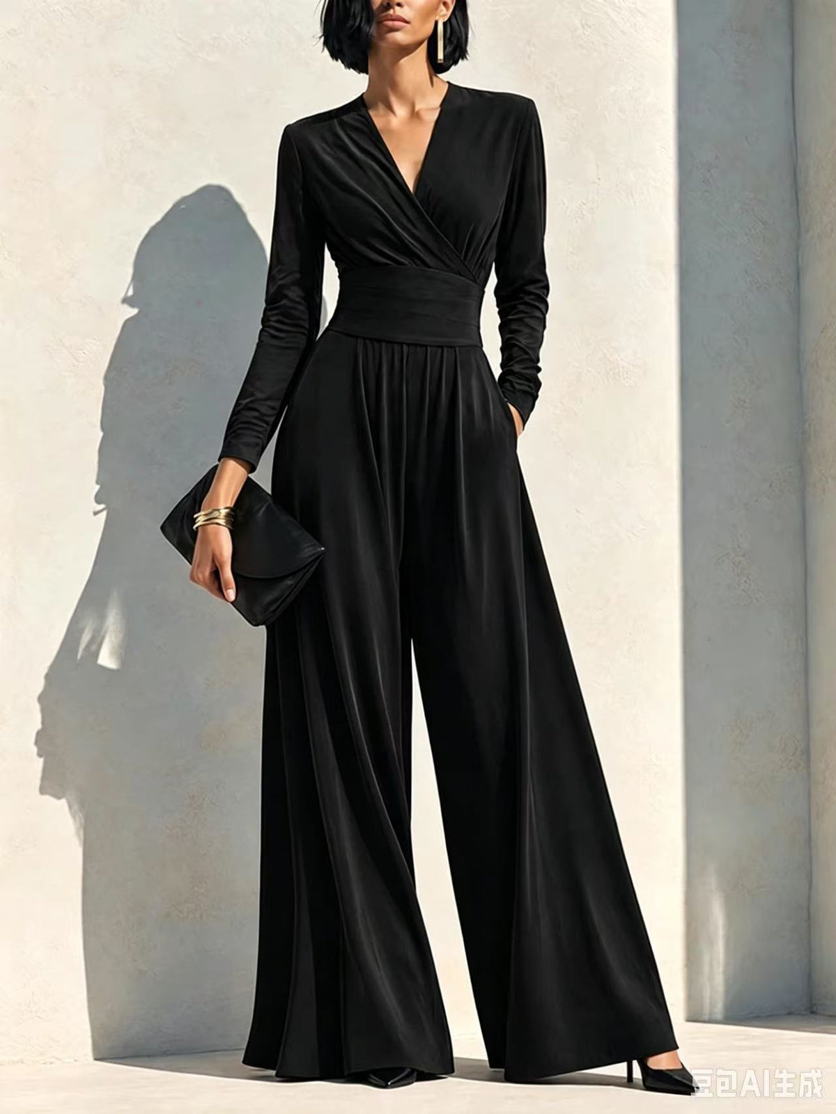 Elegant Chocolate Brown Long Sleeve Wrap Wide Leg Jumpsuit with Waist Detail