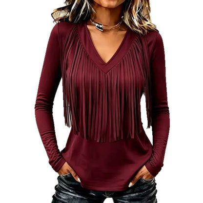 Vintage Elegant Cotton Blend Patchwork Fringed T-shirt