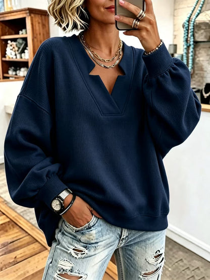 Women Solid Notched Split V-Neck Balloon Long Sleeve Oversized Sweatshirt