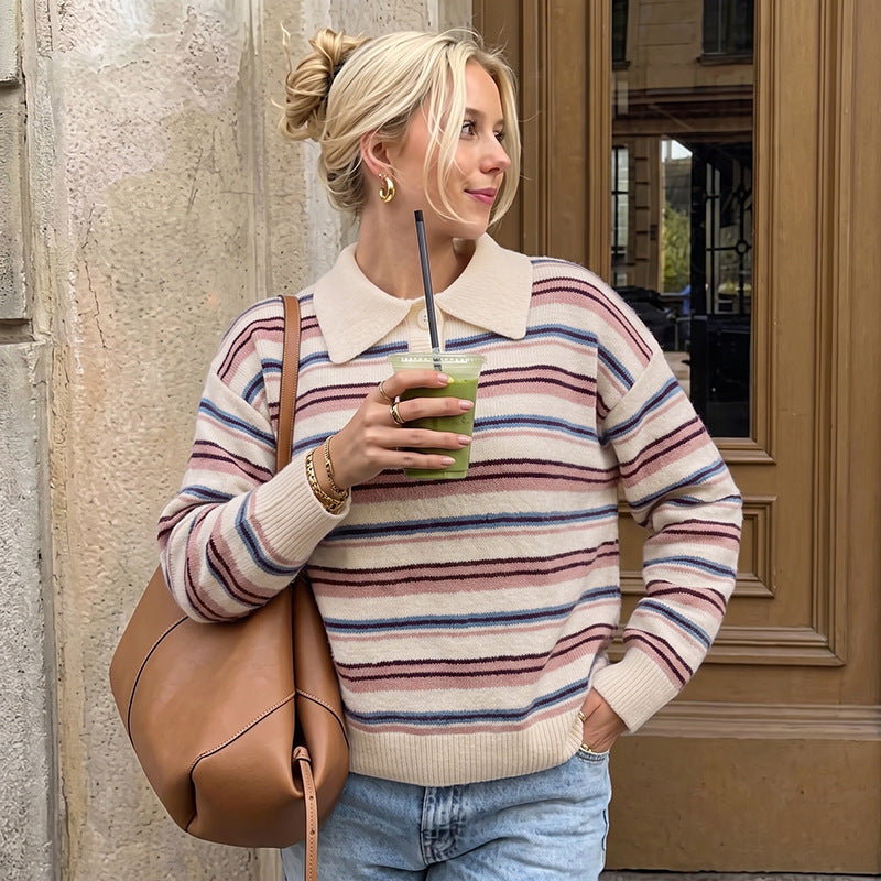 Women's Collared Half Button Colorful Striped Long Sleeve Knit Sweater