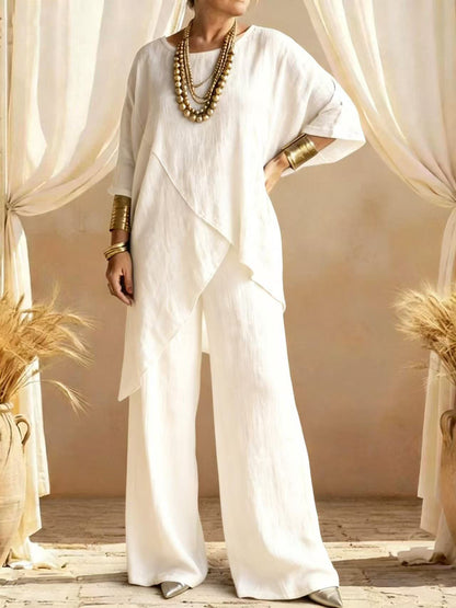 Linen Asymmetric Overlap Top & Wide Leg Pants Two Piece Set