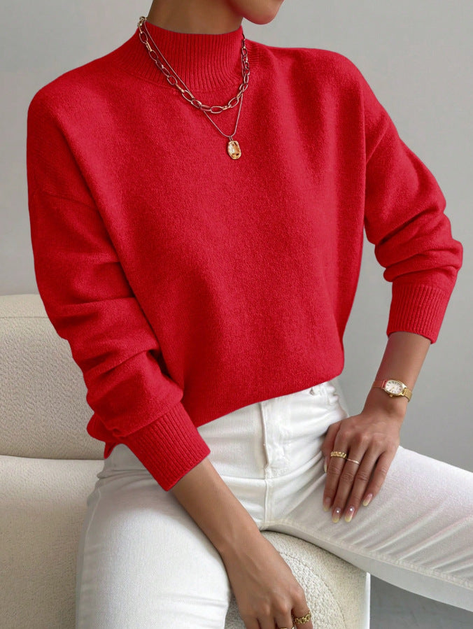 Women's Solid Mock Neck Long Sleeve Knit Sweater