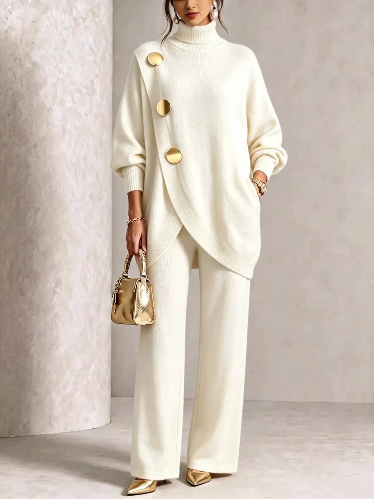 Turtleneck Gold‑Button Asymmetric Knit Tunic & Wide‑Leg Pants Two‑Piece Set