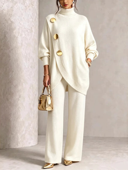 Turtleneck Gold‑Button Asymmetric Knit Tunic & Wide‑Leg Pants Two‑Piece Set