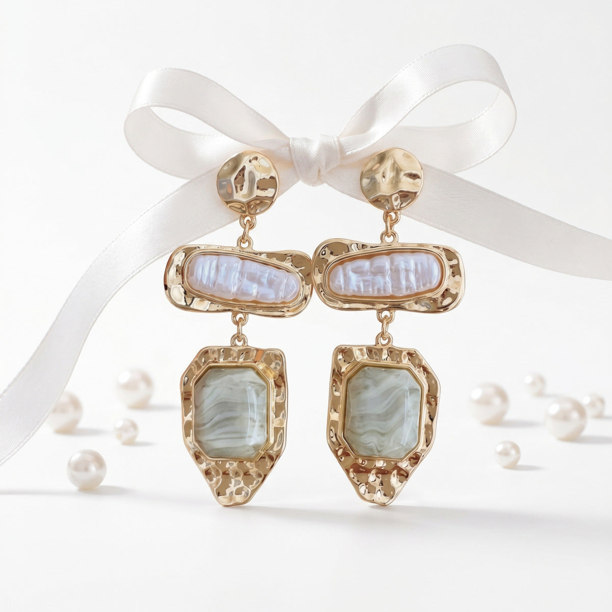 Vintage Layered Baroque Pearl Agate Drop Earrings 14K Gold Plated Textured Dangle Earrings for Women - EH5797