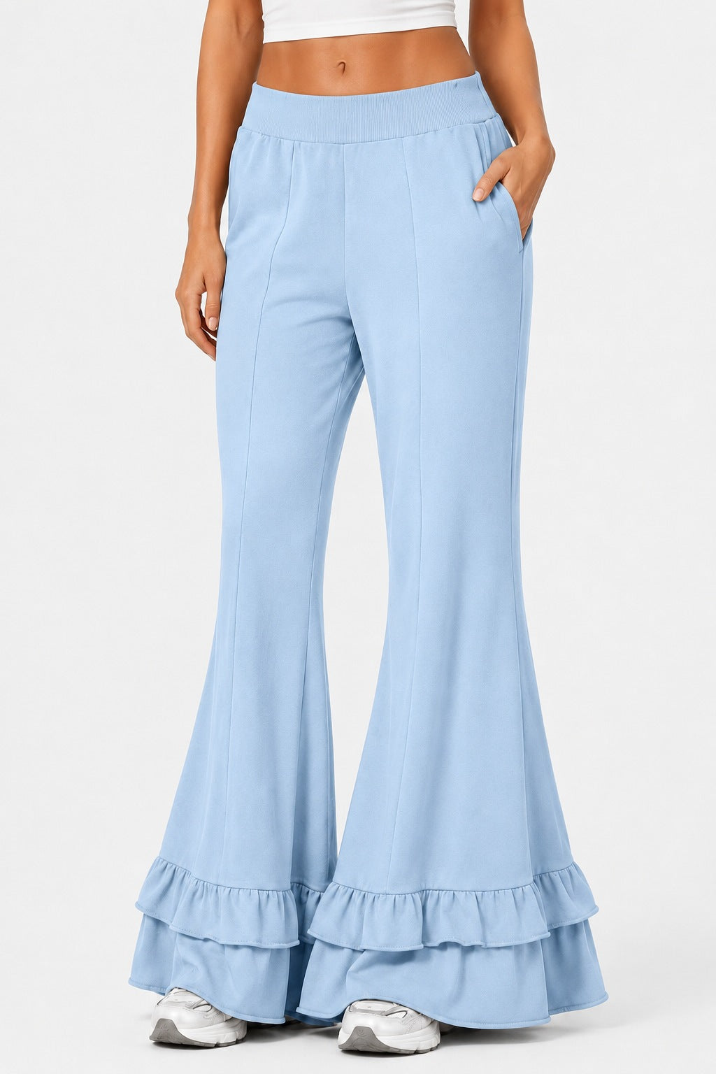 High Waist Front Seam Double Ruffle Hem Flare Knit Pants