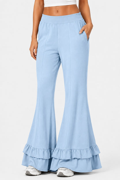 High Waist Front Seam Double Ruffle Hem Flare Knit Pants