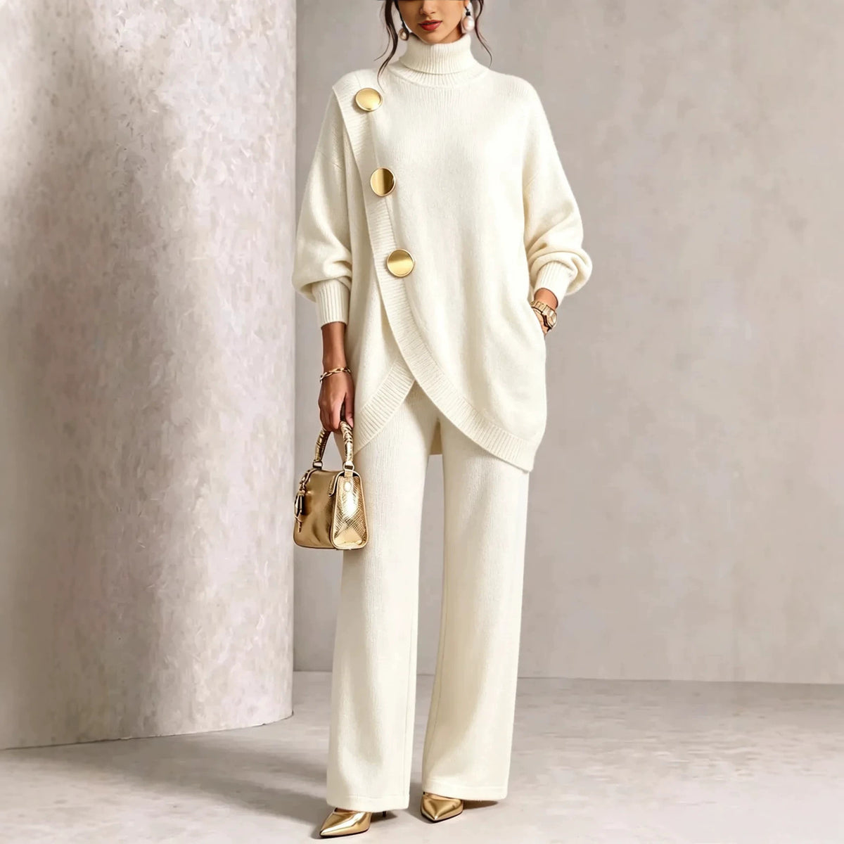 Turtleneck Gold‑Button Asymmetric Knit Tunic & Wide‑Leg Pants Two‑Piece Set
