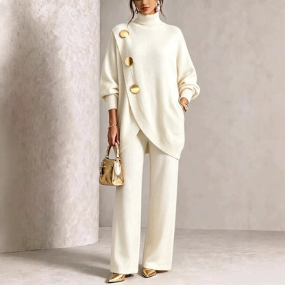 Turtleneck Gold‑Button Asymmetric Knit Tunic & Wide‑Leg Pants Two‑Piece Set