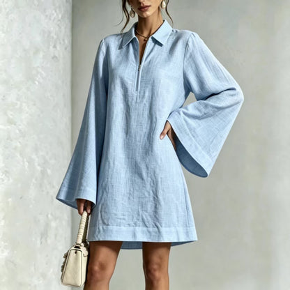 Collared Half Zip Bell Long Sleeve Linen Blend Mini Shirt Dress
