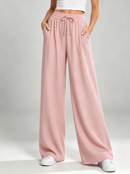 Women's Solid Drawstring Elastic Waist Wide Leg Flowy Long Pants with Pockets
