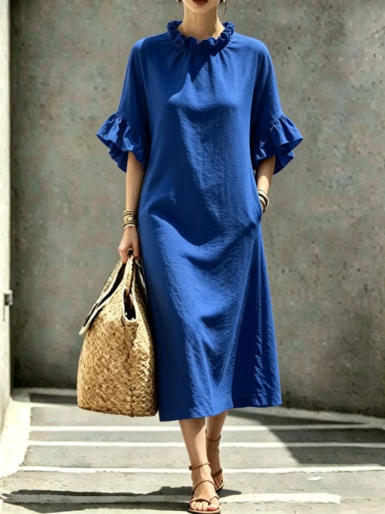 Textured Linen Ruffle Neck Flounce Sleeve Midi Shift Dress