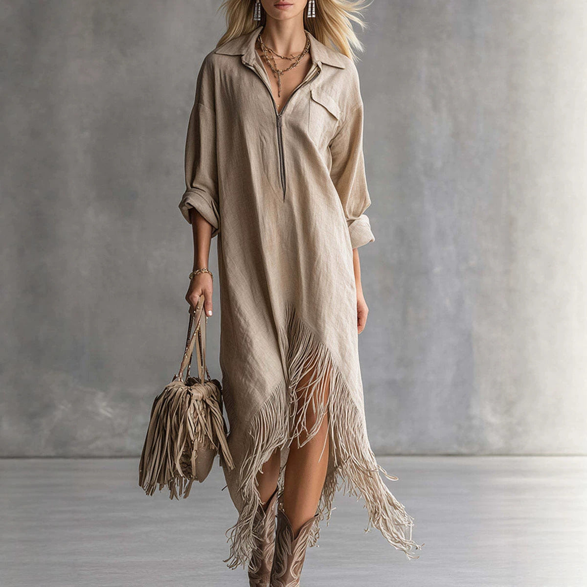 Half Zip Fringe Hem Boho Shirt Dress