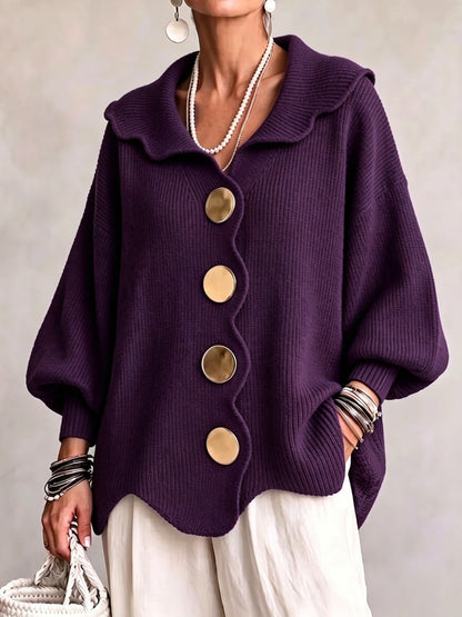 Oversized Scallop-Collar Button Knit Cardigan