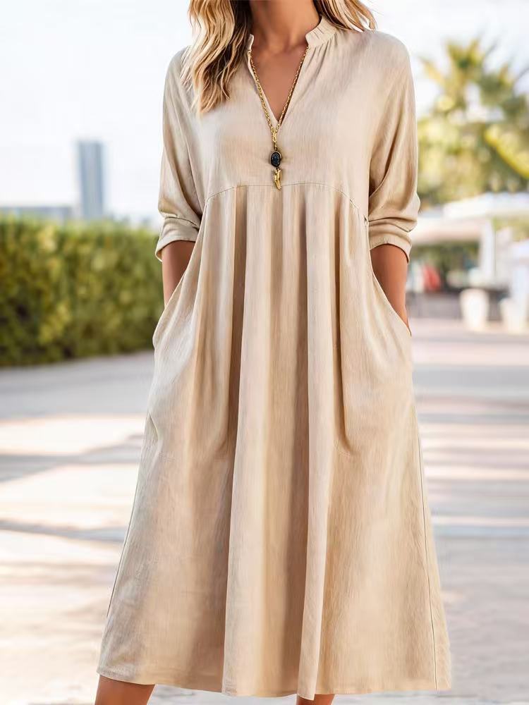 Textured Linen Blend Stand Collar V-Neck Babydoll Midi Dress