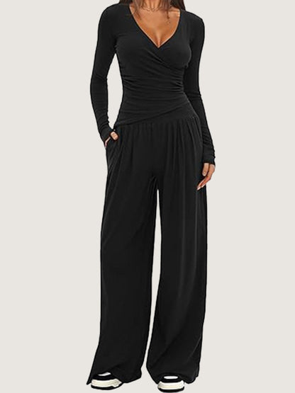Women Solid Wrap V Neck Ruched Long Sleeve Top Elastic High Waist Pocket Wide Leg Casual Loungewear Co-ord Set