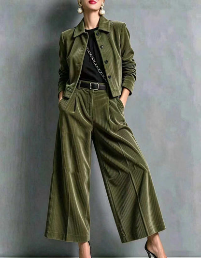 Corduroy Lapel Crop Jacket & High Waist Wide Leg Pants 2 Piece Outfit