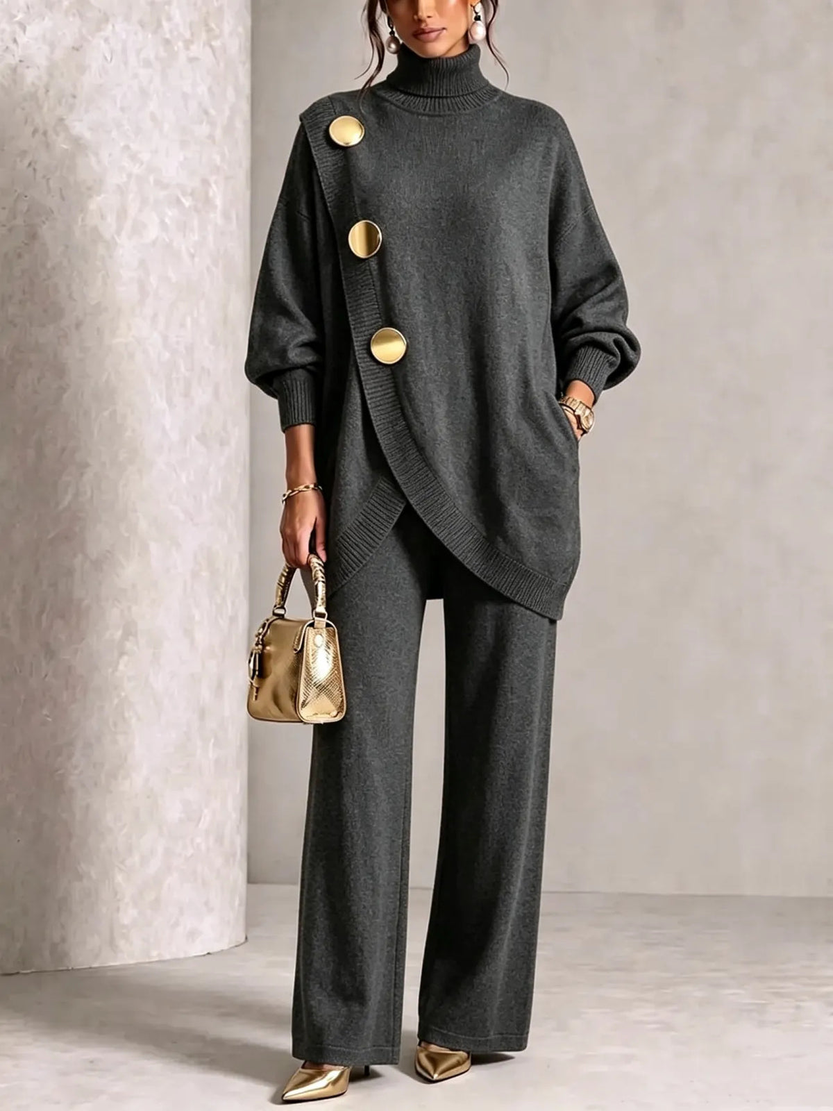 Turtleneck Gold‑Button Asymmetric Knit Tunic & Wide‑Leg Pants Two‑Piece Set