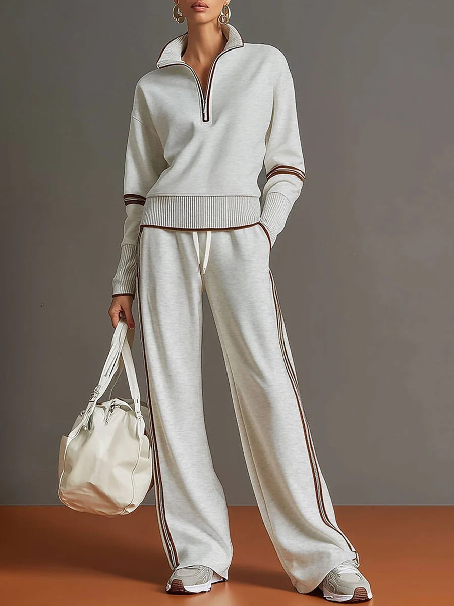 Casual Sports Suit Contrasting Color Stand-Up Collar Sweatshirt Wide-Leg Pants Suit