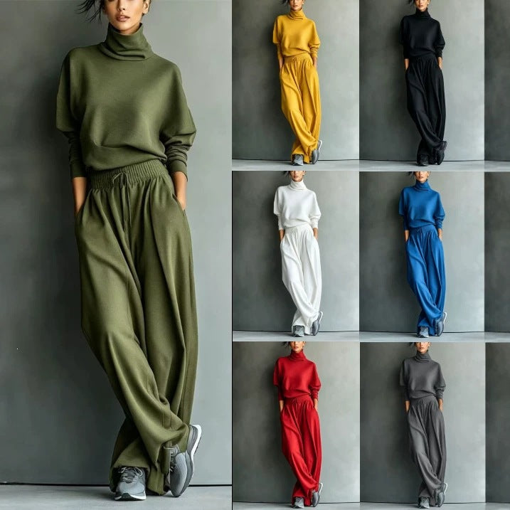 Turtleneck Oversized Knit Top & High Waist Wide Leg Pants Loungewear Set