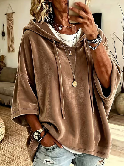 Velvet Drawstring Hooded Three-Quarter Sleeve Top