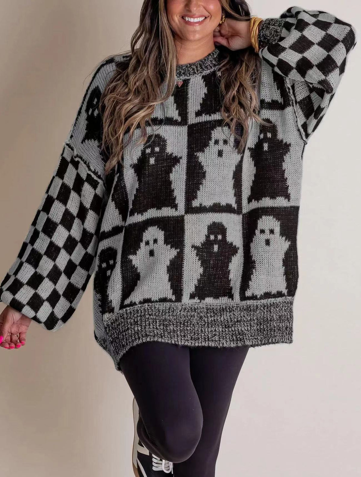 Women's Halloween Ghost & Pumpkin Checkerboard Print Oversized Long Sleeve Knit Sweater
