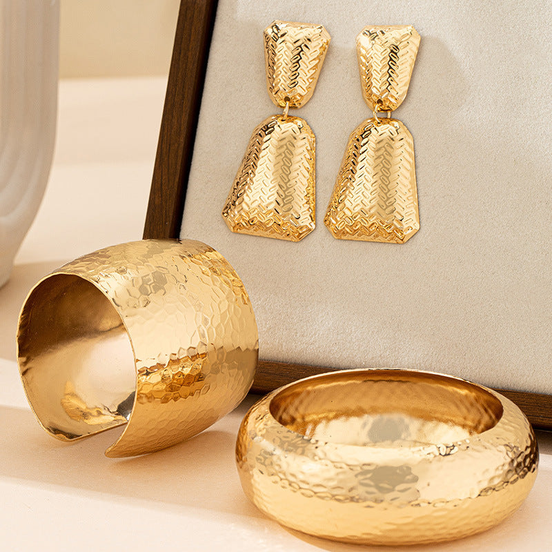 Hammered Textured Gold Jewelry 3-Piece Set | Drop Earrings + Wide Cuff Bangle + Dome Bracelet - T493