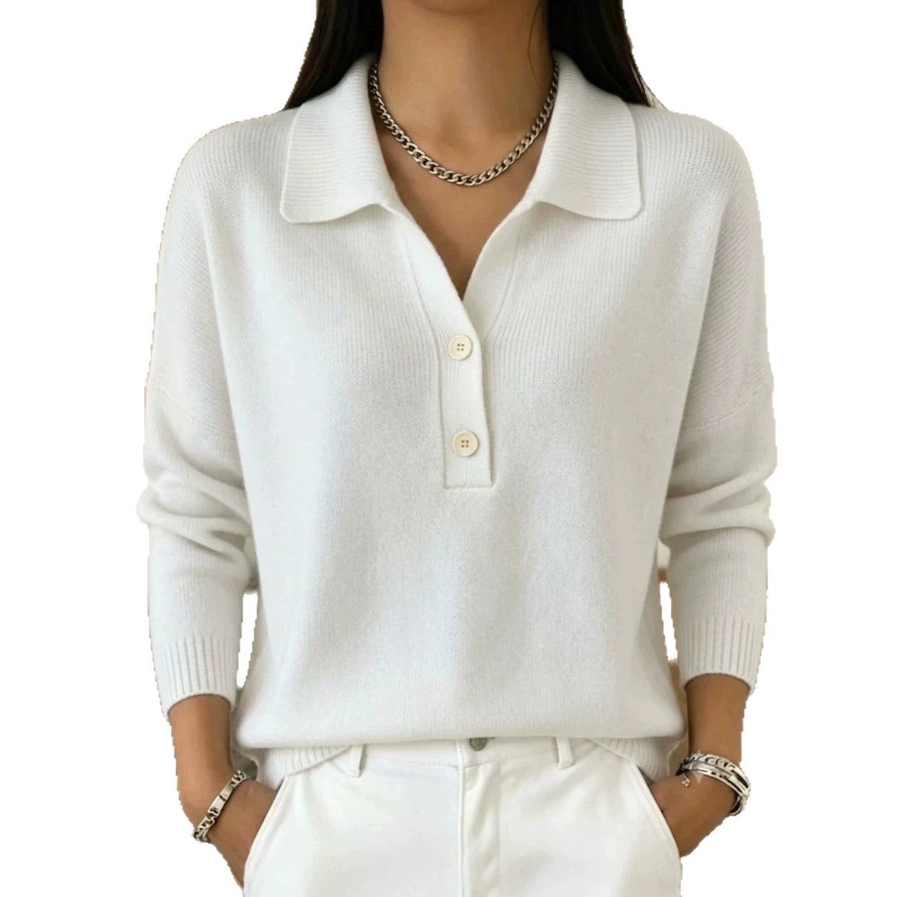 Polo Collar Half Button Fine Knit Long Sleeve Sweater