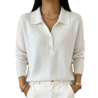 Polo Collar Half Button Fine Knit Long Sleeve Sweater