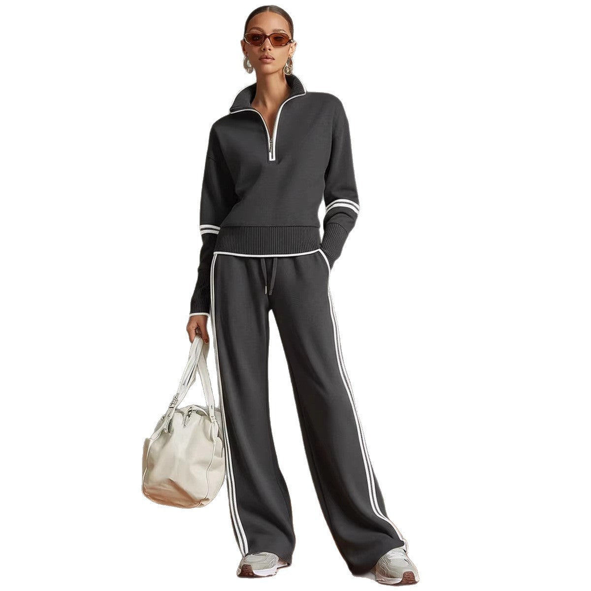 Casual Sports Suit Contrasting Color Stand-Up Collar Sweatshirt Wide-Leg Pants Suit