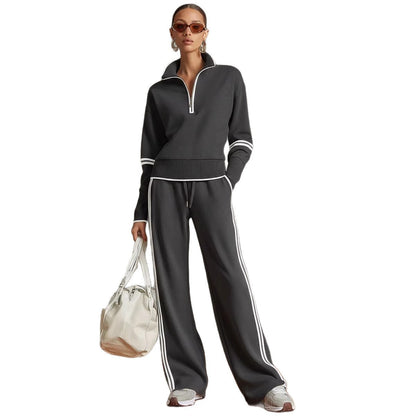 Casual Sports Suit Contrasting Color Stand-Up Collar Sweatshirt Wide-Leg Pants Suit