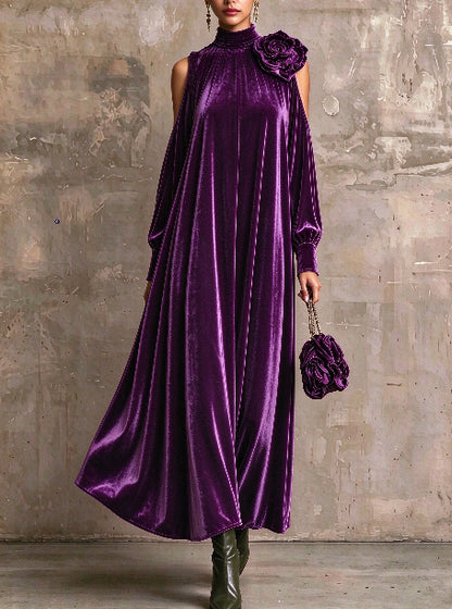 Women's High Neck Cold Shoulder Velvet Maxi Dress With 3D Flower Decoration