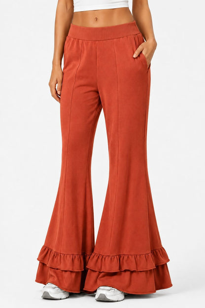 High Waist Front Seam Double Ruffle Hem Flare Knit Pants