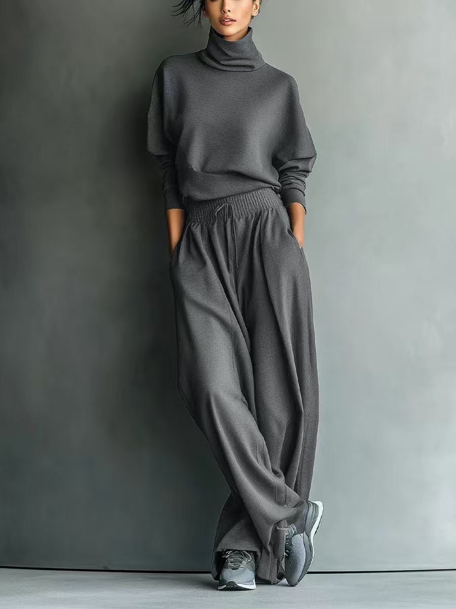 Turtleneck Oversized Knit Top & High Waist Wide Leg Pants Loungewear Set