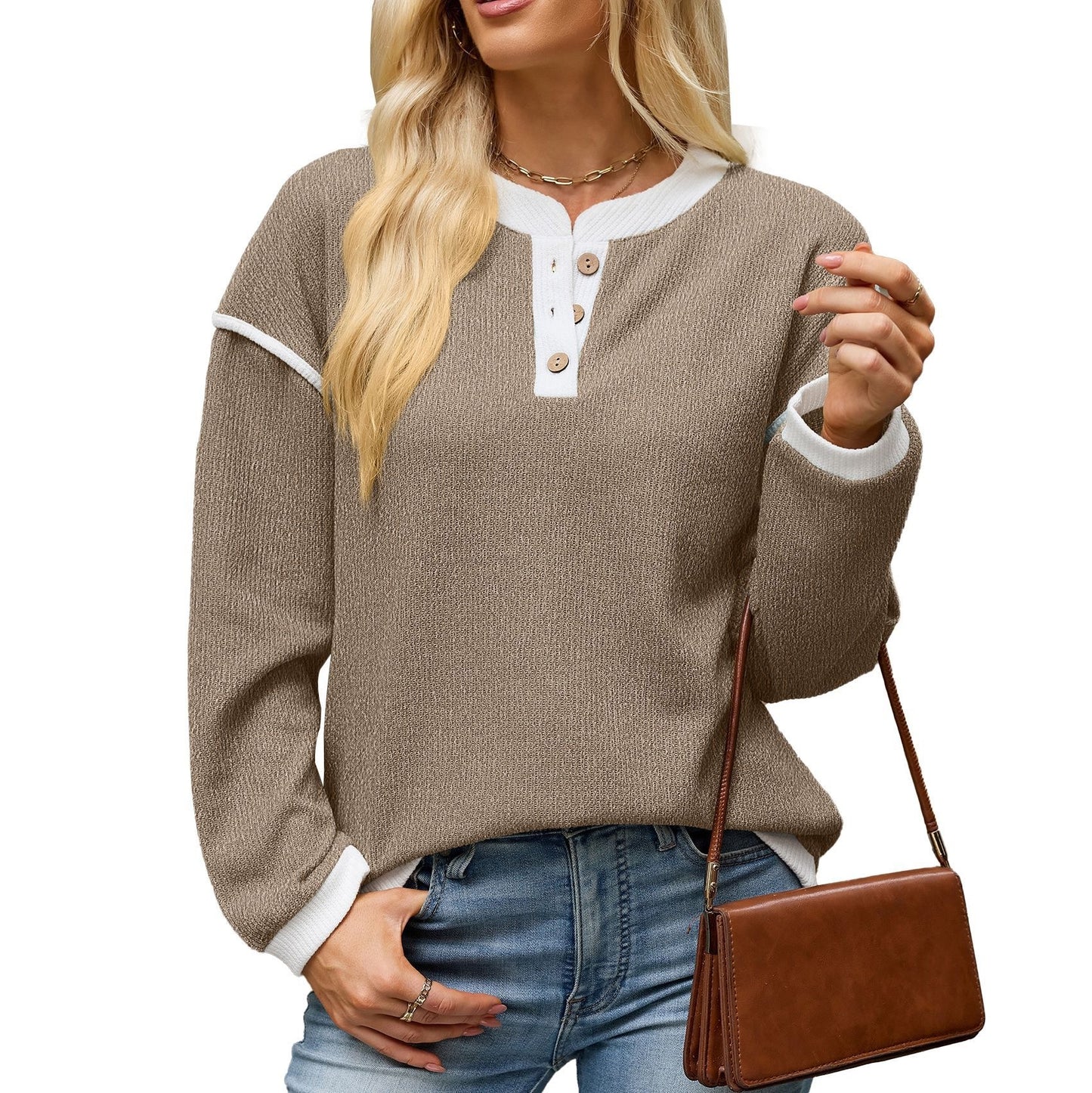 Contrast Trim Henley Knit Long Sleeve Top