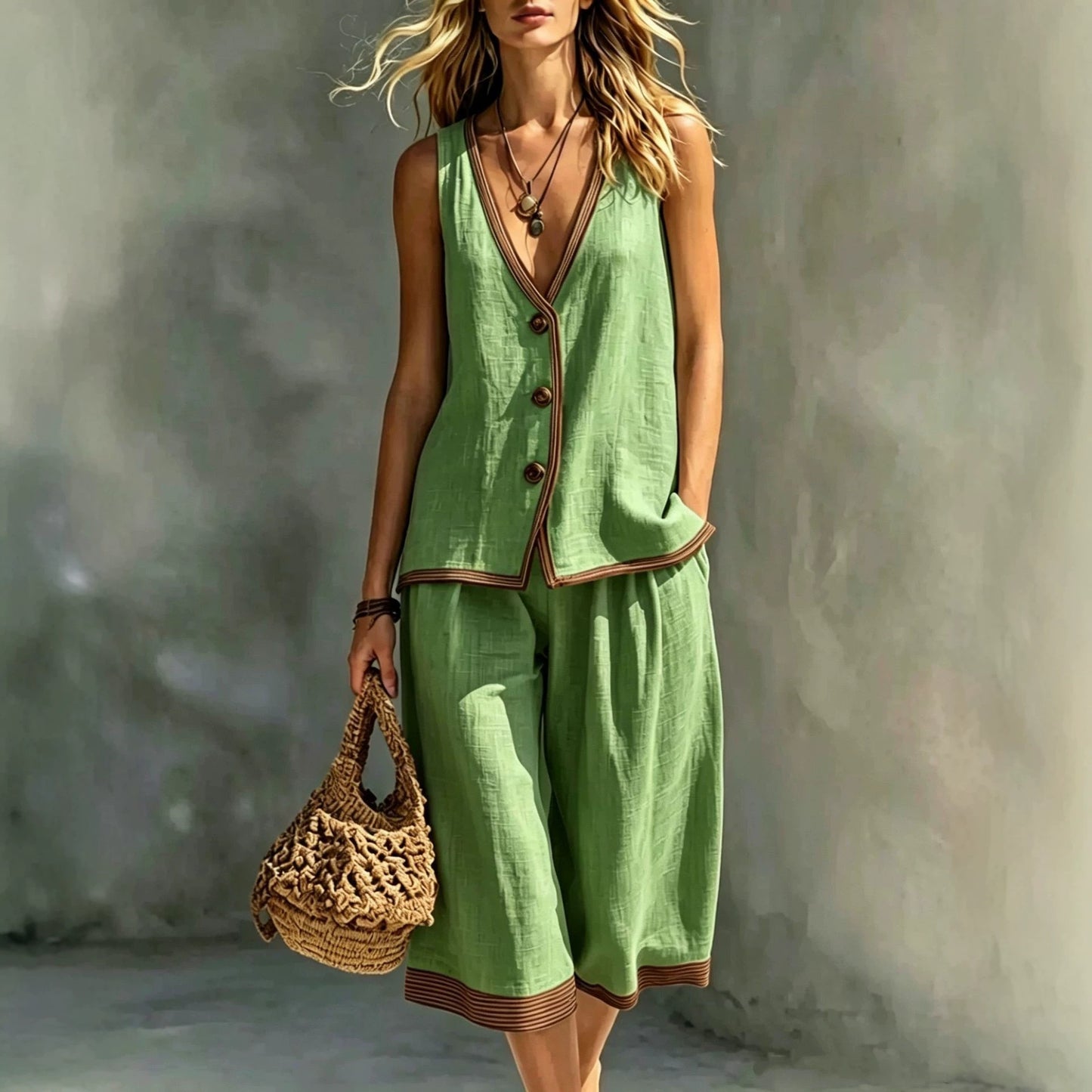 Linen Contrast‑Trim Vest & Culottes Two‑Piece Set
