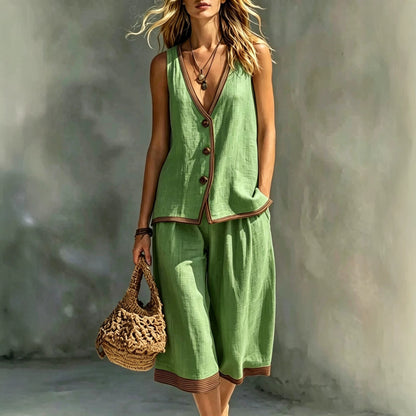 Linen Contrast‑Trim Vest & Culottes Two‑Piece Set