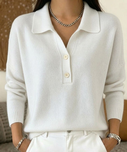 Polo Collar Half Button Fine Knit Long Sleeve Sweater