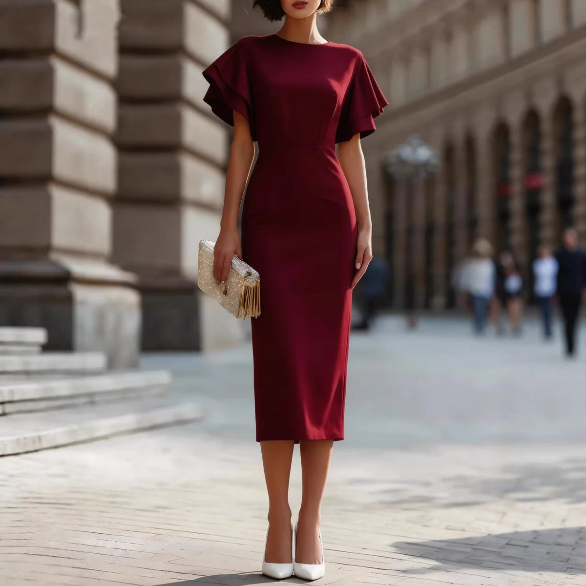Round Neck Double‑Layer Ruffle Flutter Sleeve Bodycon Midi Dress